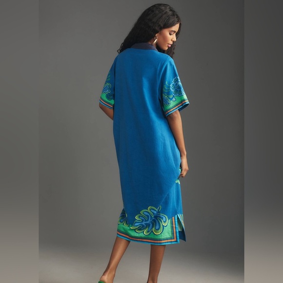 Anthropologie Farm Rio Linen/Viscose Short Sleeve Collared Midi Dress (Small) - Picture 2 of 6